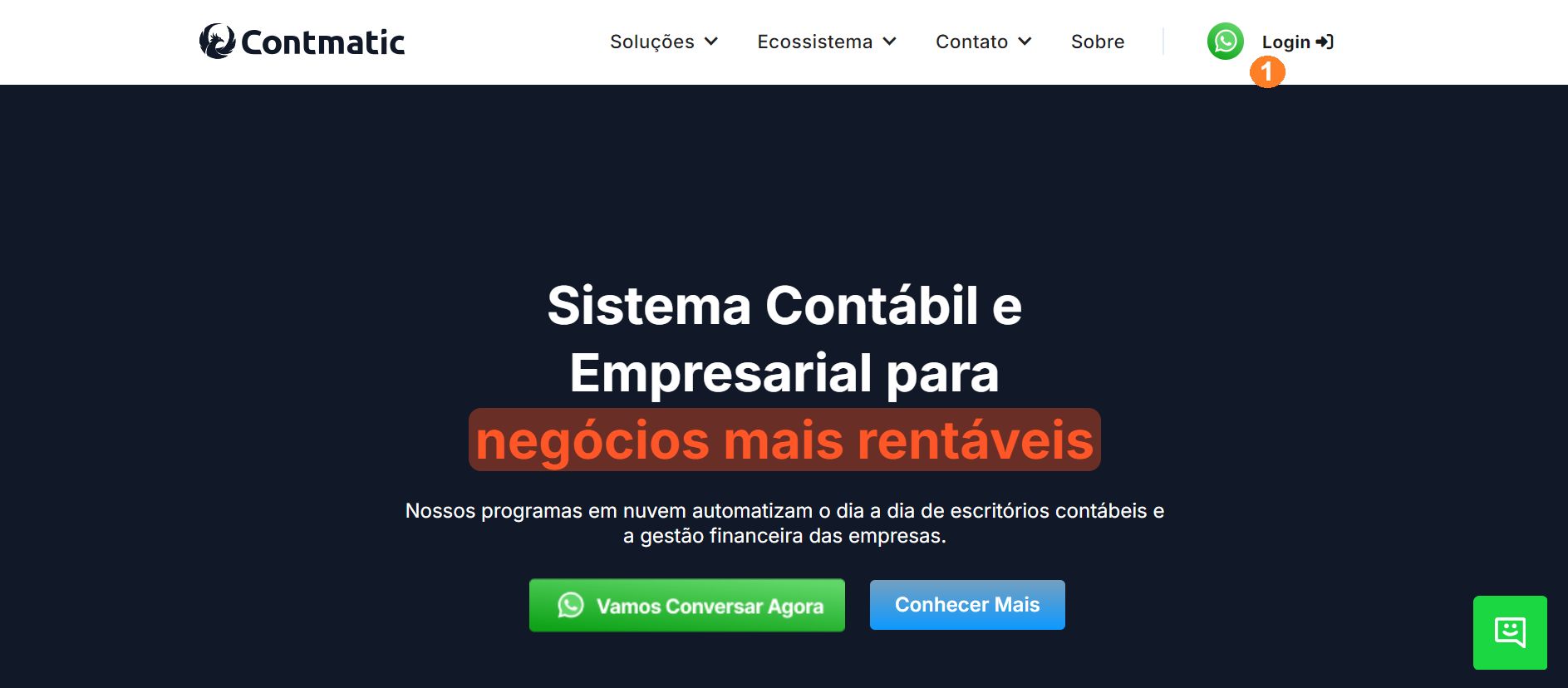 Tela inicial do site institucional da Contmatic, possui menu superior e um botão de login no canto superior direito.