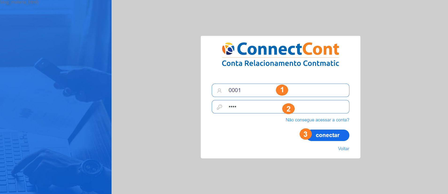 Tela de login do Connectcont com campos para digitar o código e a senha recebidos por e-mail e um botão azul escrito conectar.