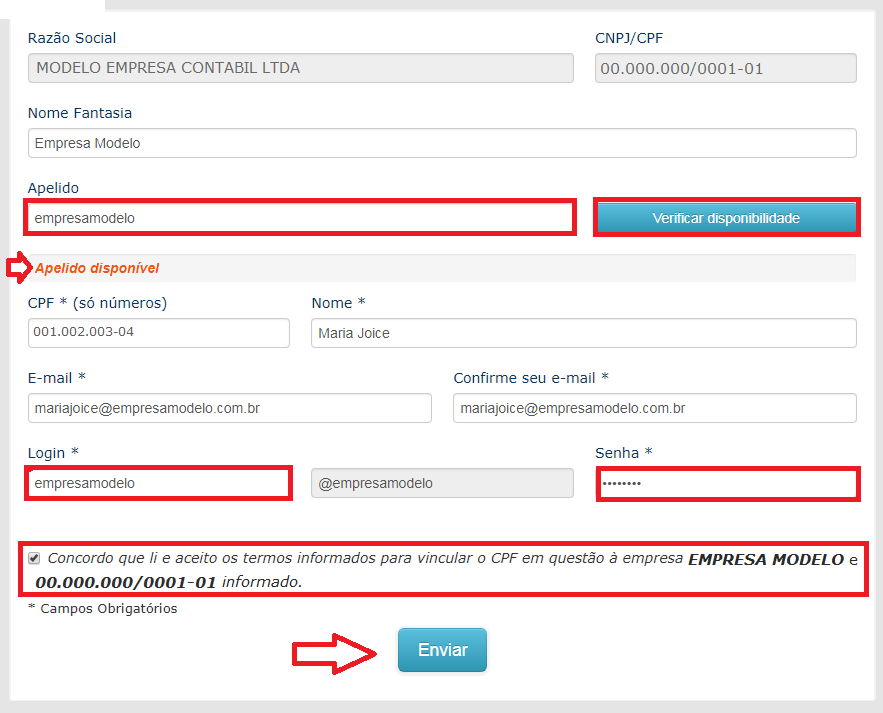 Tela de atualização do cadastro financeiro com campos para completar os dados pessoais e da empresa. Há uma opção selecionável para concordar com os termos e um botão azul para enviar as informações.