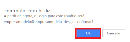 Mensagem de confirmação do novo login com um botão azul escrito OK.
