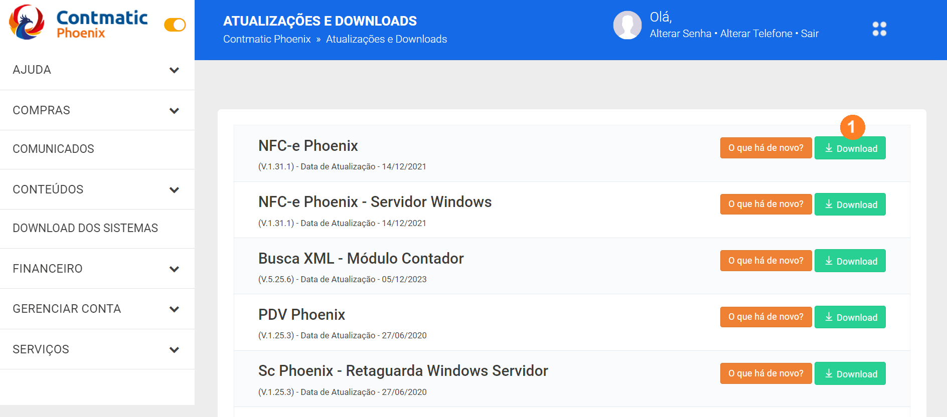 Área de downloads do Connectcont com uma lista de produtos disponíveis para baixar e o botão Download em verde.