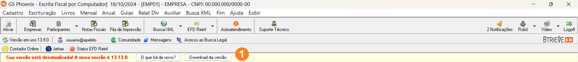 Tela inicial do sistema G5, possui um menu superior e uma mensagem na parte inferior indicando que o sistema está desatualizado.