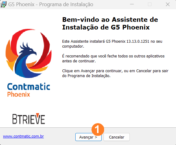 Assistente de instalação do sistema G5 com dois botões inferiores, um escrito Avançar e o outro Cancelar.