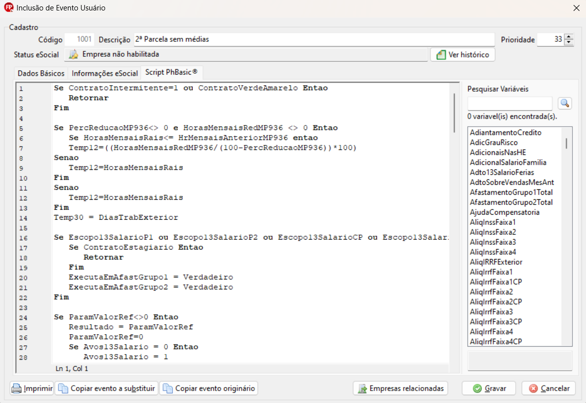 Tela de alteração de evento do usuário, aba Script PhBasic. Possui um único campo para colar o script disponibilizado e, ao final, os botões Gravar e Cancelar aparecem no canto inferior direito.