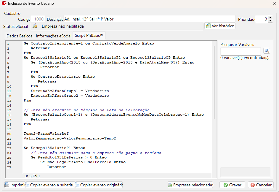 Tela de alteração de evento do usuário, aba Script PhBasic. Possui um único campo para colar o script disponibilizado e, ao final, os botões Gravar e Cancelar aparecem no canto inferior direito.