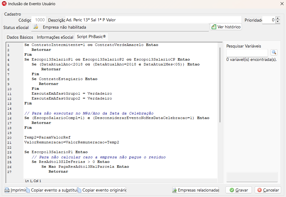 Tela de alteração de evento do usuário, aba Script PhBasic. Possui um único campo para colar o script disponibilizado e, ao final, os botões Gravar e Cancelar aparecem no canto inferior direito.