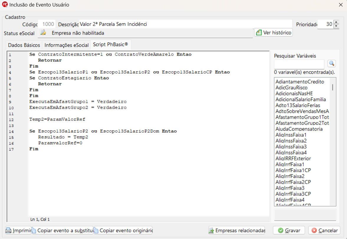 Tela de alteração de evento do usuário, aba Script PhBasic. Possui um único campo para colar o script disponibilizado e, ao final, os botões Gravar e Cancelar aparecem no canto inferior direito.