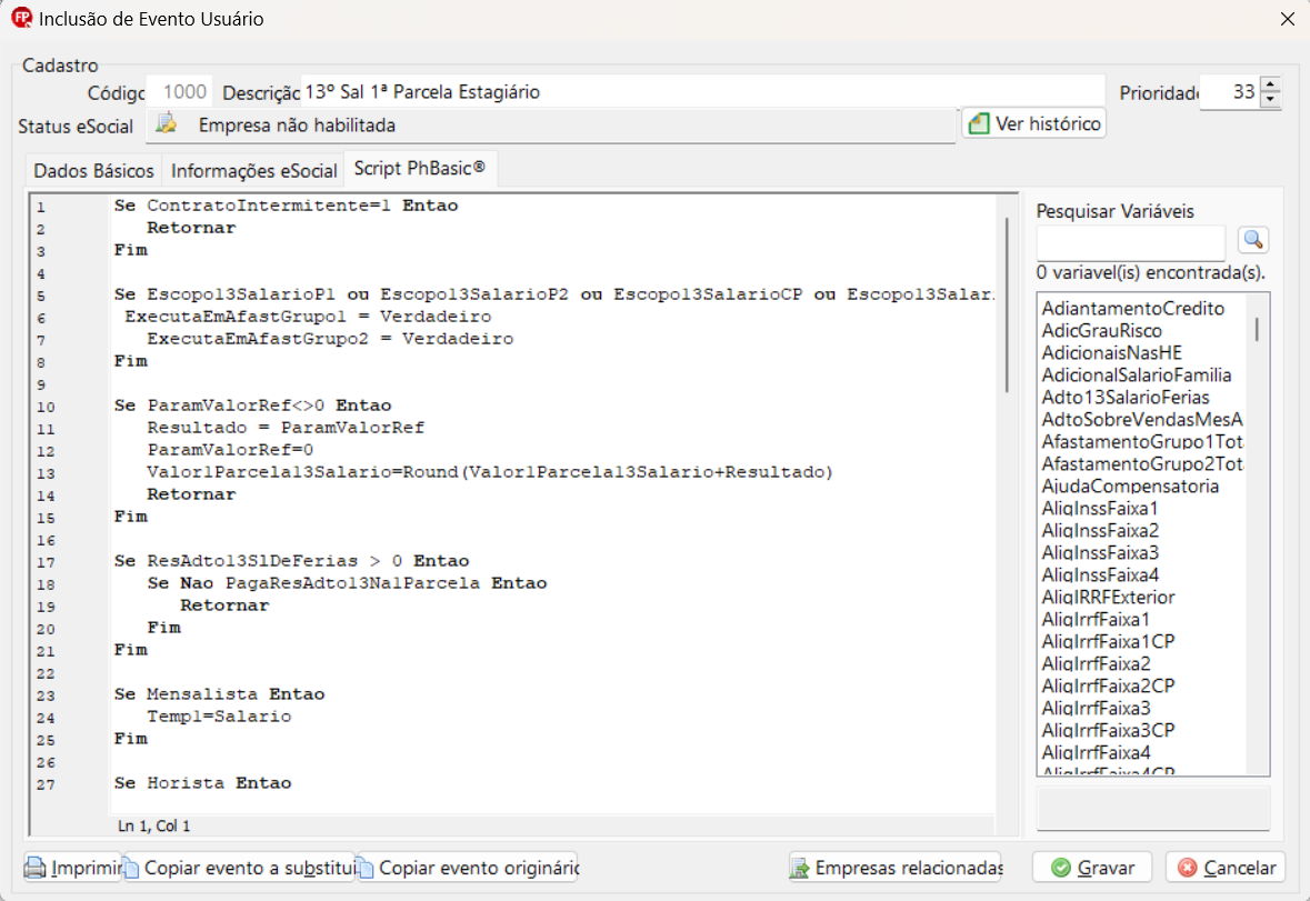 Tela de alteração de evento do usuário, aba Script PhBasic. Possui um único campo para colar o script disponibilizado e, ao final, os botões Gravar e Cancelar aparecem no canto inferior direito.