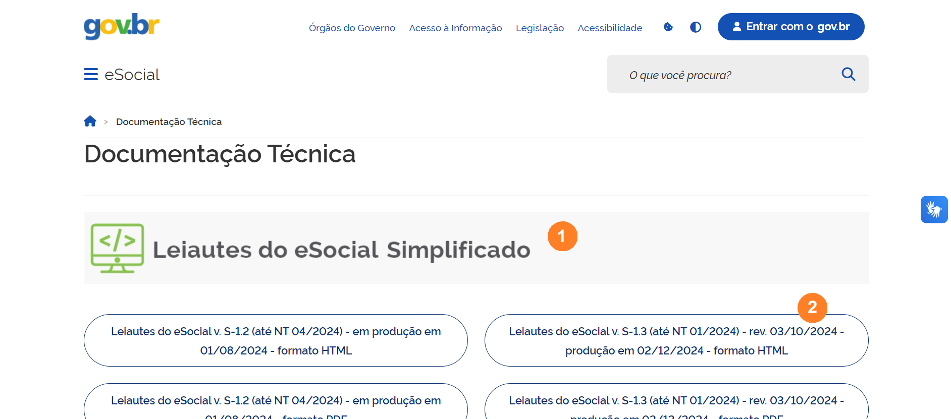 Site de documentações técnicas do eSocial, há um grande título escrito Leiautes do eSocial Simplificado e abaixo dele aparecem alguns botões clicáveis.