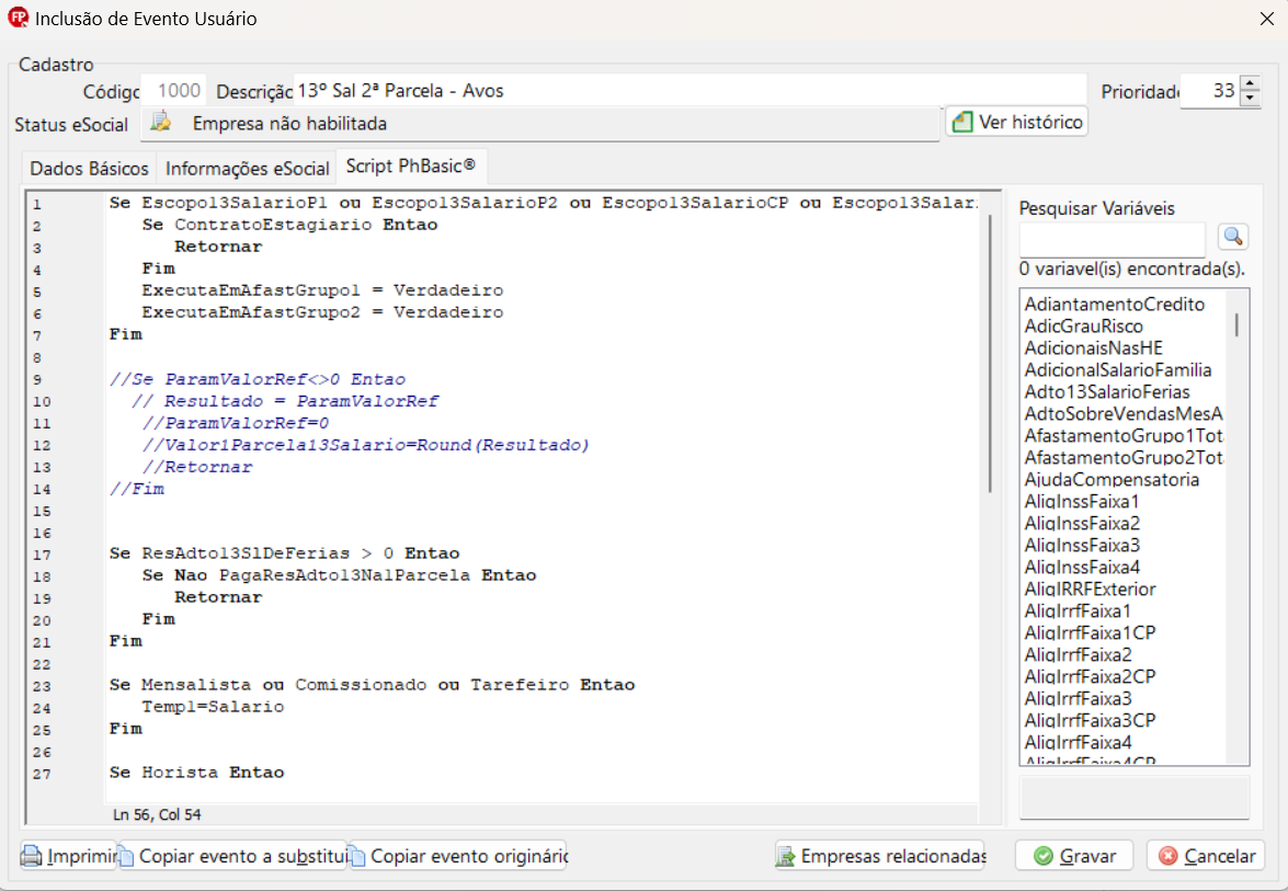 Tela de alteração de evento do usuário, aba Script PhBasic. Possui um único campo para colar o script disponibilizado e, ao final, os botões Gravar e Cancelar aparecem no canto inferior direito.