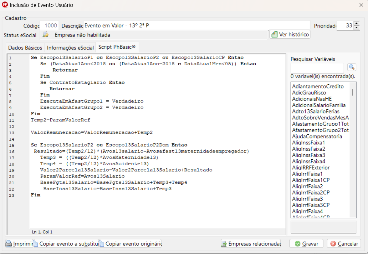 Tela de alteração de evento do usuário, aba Script PhBasic. Possui um único campo para colar o script disponibilizado e, ao final, os botões Gravar e Cancelar aparecem no canto inferior direito.