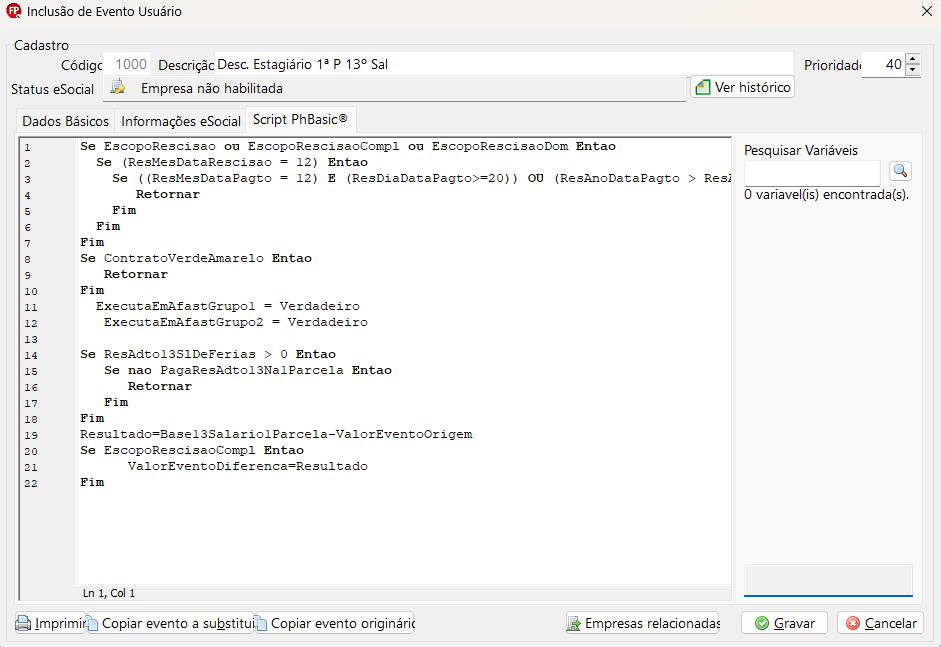 Tela de alteração de evento do usuário, aba Script PhBasic. Possui um único campo para colar o script disponibilizado e, ao final, os botões Gravar e Cancelar aparecem no canto inferior direito.