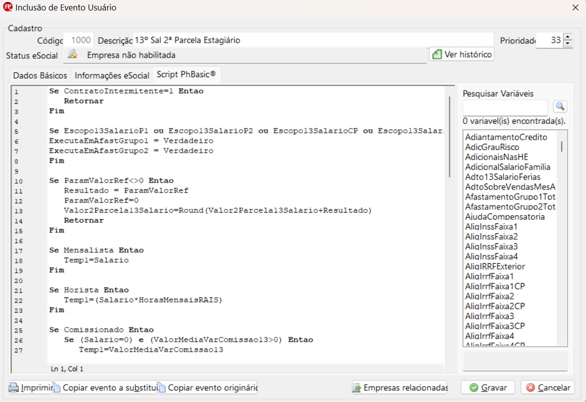 Tela de alteração de evento do usuário, aba Script PhBasic. Possui um único campo para colar o script disponibilizado e, ao final, os botões Gravar e Cancelar aparecem no canto inferior direito.