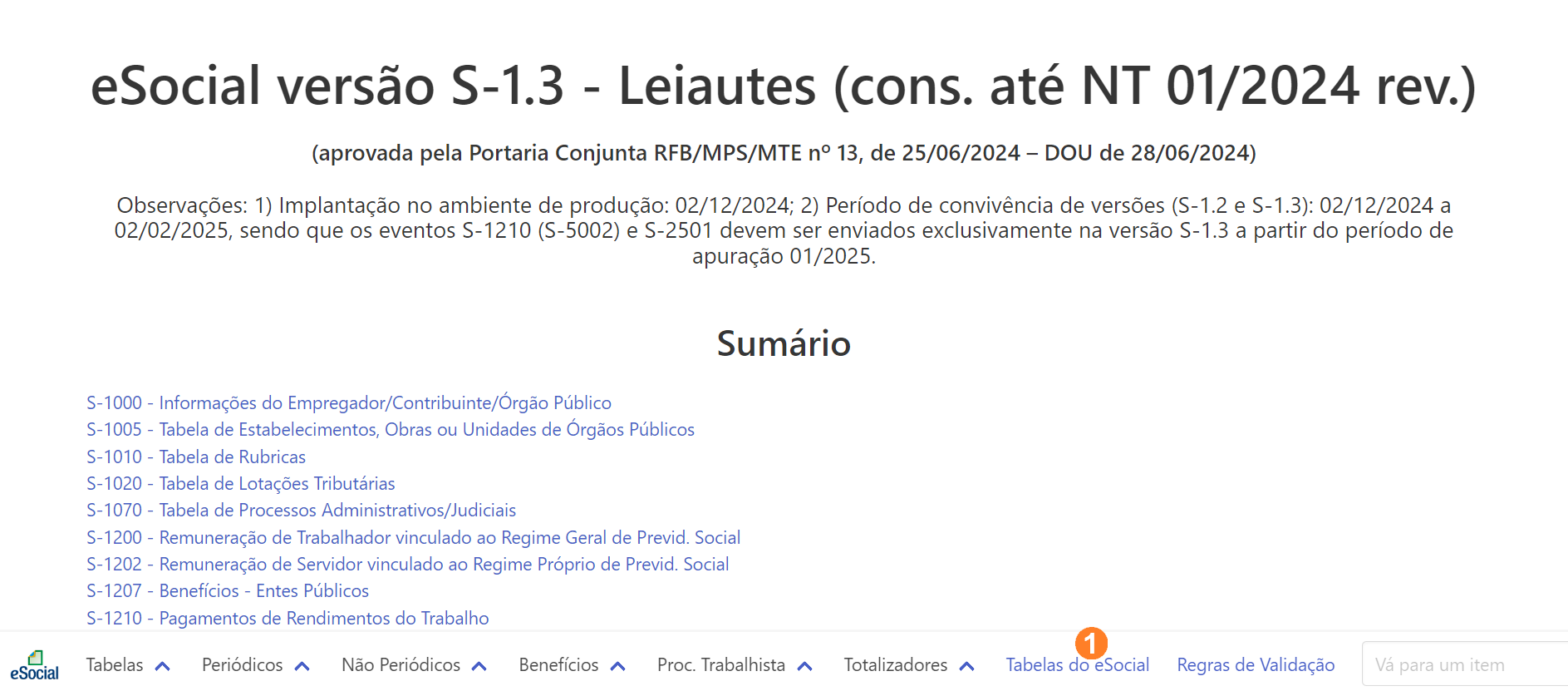 Exibe um sumário com os leiautes do eSocial. Ao final, há um menu inferior sendo as Tabelas do eSocial a sétima opção da esqueda para a direita.