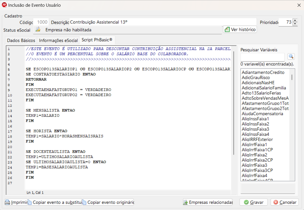 Tela de alteração de evento do usuário, aba Script PhBasic. Possui um único campo para colar o script disponibilizado e, ao final, os botões Gravar e Cancelar aparecem no canto inferior direito.