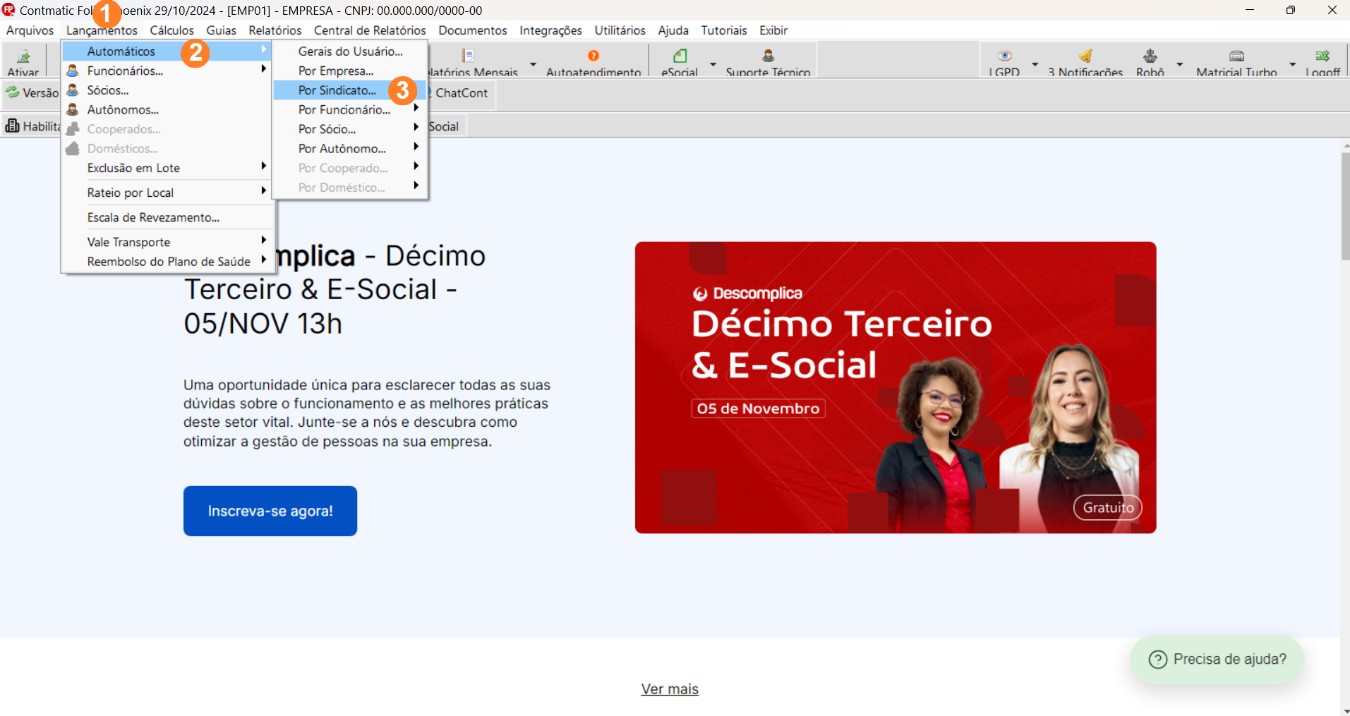 Tela inicial sistema Folha, possui menu superior alinhado à esquerda sendo Lançamentos o segundo item.