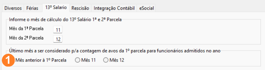 Imagem cortada da aba 13º salário. Possui 3 opções para seleção na parte inferior, sendo o Mês anterior à 1ª parcela a primeira opção.