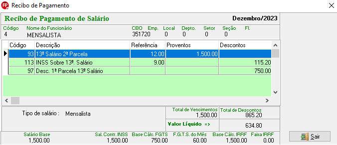 Recibo de pagamento de salário com R$ 1.500,00 de proventos referente à 2ª parcela do 13º salário; R$ 115,20 de desconto do INSS sobre 13º salário; e R$ 750,00 de desconto referente à 1ª parcela do 13º salário.