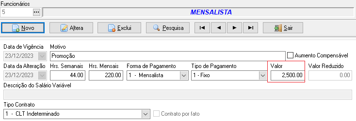 Tela de cadastro de funcionários do sistema Folha mostrando o reajuste de salário do empregado no campo Valor totalizando R$ 2.500,00.