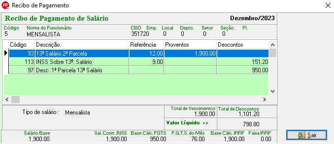 Recibo de pagamento de salário com R$ 1.900,00 de proventos referente à 2ª parcela do 13º salário; R$ 151,20 de desconto do INSS sobre 13º salário; e R$ 950,00 de desconto referente à 1ª parcela do 13º salário.