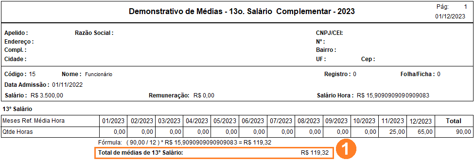 Demonstrativo de médias do 13º salário complementar indicando o valor total de médias de R$ 119,32, na última linha da parte inferior.