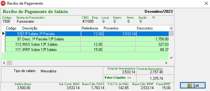 Recibo de pagamento de salário com R$ 3.533,14 de proventos referentes à 2ª parcela do 13º salário e R$ 2.157,40 de descontos referentes à 1ª parcela, INSS e IRRF sobre 13º salário.