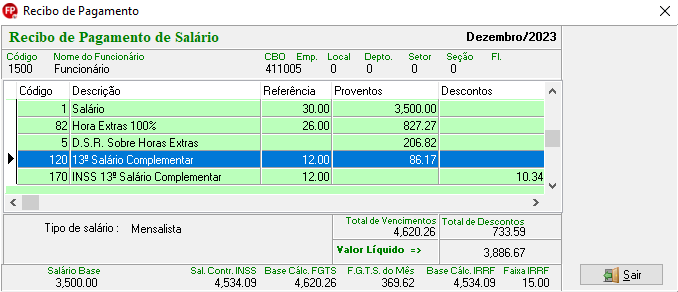 Recibo de pagamento de salário com R$ 4.620,26 de proventos referentes ao salário, horas extras, DSR e 13ª salário complementar; R$ 10,34 de descontos referentes ao INSS sobre 13º salário complementar.