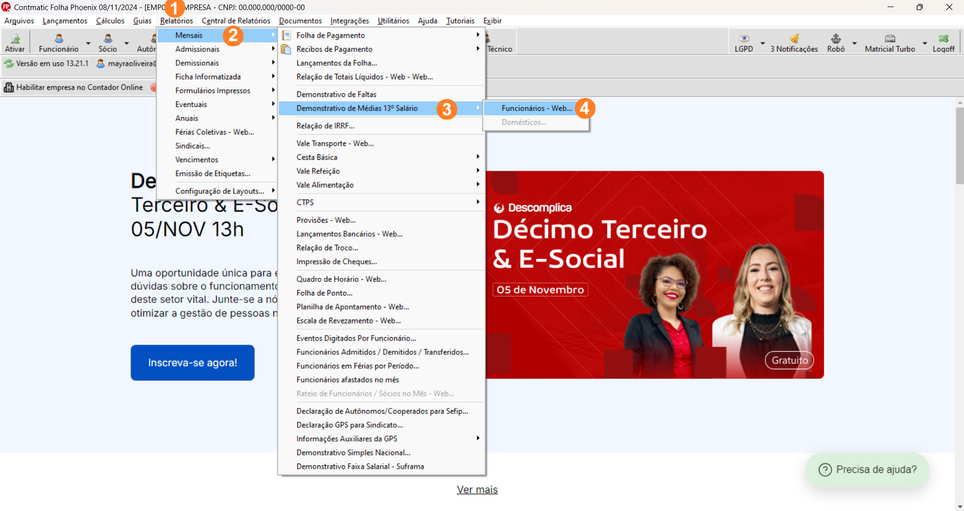 Tela inicial sistema Folha, possui menu superior alinhado à esquerda sendo Relatórios o quinto item.