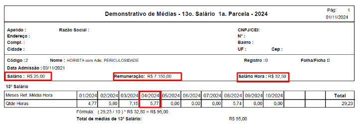 Demonstrativo de médias da 1ª parcela do 13º salário indicando o valor total de médias de R$ 95,00 na última linha da parte inferior.