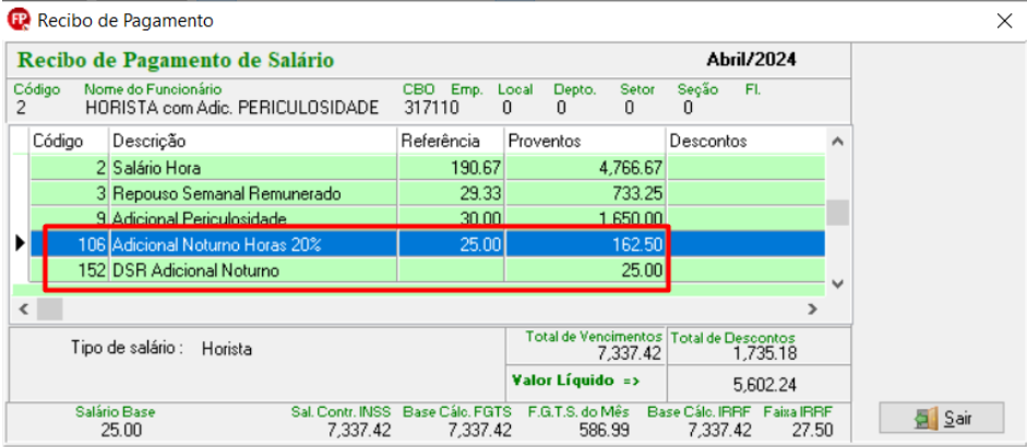 Recibo de pagamento de salário com R$ 7.337,42 de proventos referentes ao salário, repouso remunerado, adicicional de periculosidade, adicicional noturno e DSR sobre adicional noturno.