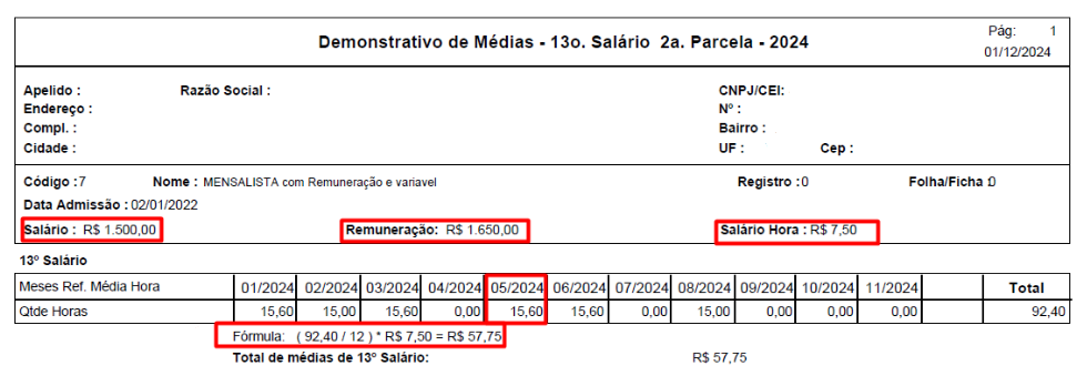 Demonstrativo de médias da 2ª parcela do 13º salário indicando o valor total de médias de R$ 57,75 na última linha da parte inferior.