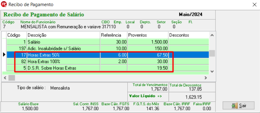Recibo de pagamento de salário com R$ 1.767,00 de proventos referentes ao salário, adicicional de insalubridade, horas extras e DSR sobre horas extras.