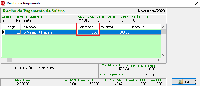 Recibo de pagamento de salário com R$ 583,33 de proventos referentes a 1ª parcela do 13º salário.