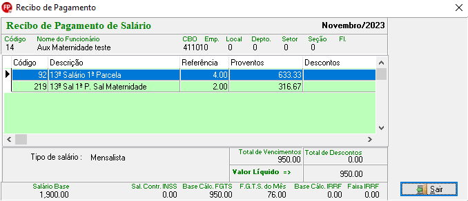 Recibo de pagamento de salário com R$ 950,00 de proventos referentes à 1ª parcela do 13º salário e 13º salário maternidade.