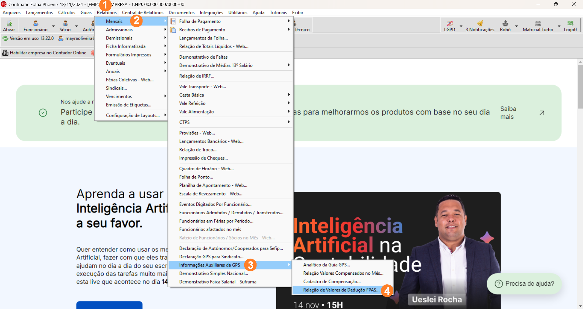 Tela inicial sistema Folha, possui menu superior alinhado à esquerda sendo Relatórios o quinto item.