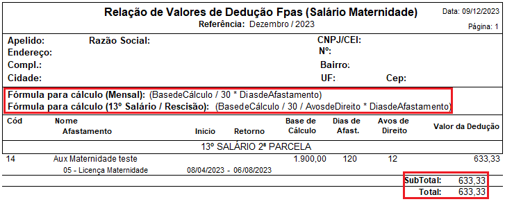 Relatório de relação de valores de dedução FPAS (salário maternidade) mostrando o total de R$ 633,33.