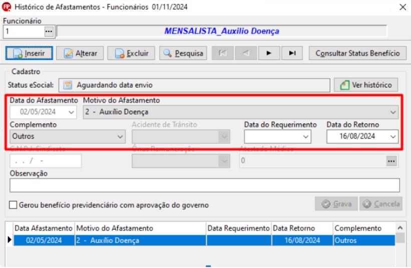 Histórico de afastamento de funcionários. Possui campo de seleção do funcionário no canto superior esquerdo; os botões Inserir, Alterar, Excluir e Pesquisa logo abaixo. Abaixo dos botões, estão as informações de data do afastamento/retorno do funcionário.