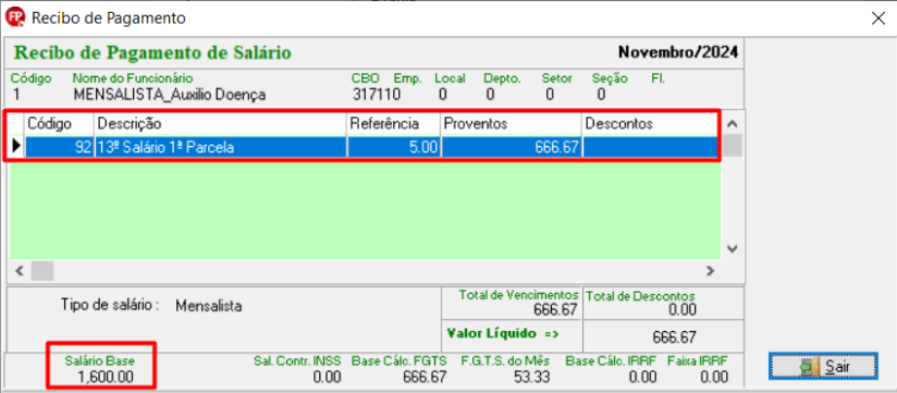 Recibo de pagamento de salário com R$ 666,67 de proventos referentes a 1ª parcela do 13º salário.