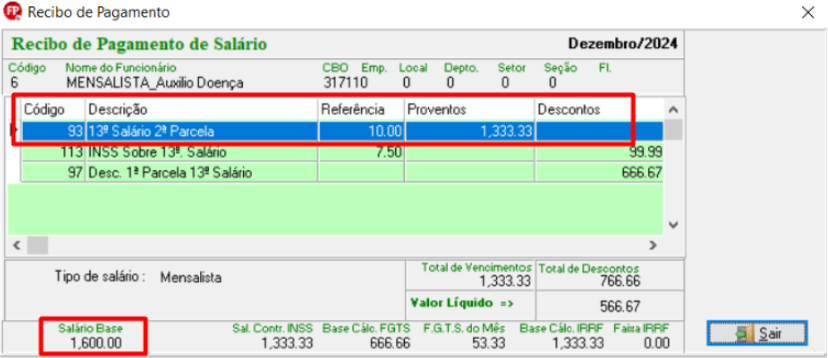 Recibo de pagamento de salário com R$ 1.333,33 de proventos referentes à 2ª parcela do 13º salário. R$ 766,66 de descontos referentes ao INSS sobre 13º salário e o desconto da 1ª parcela.