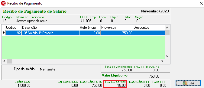 Recibo de pagamento de salário com R$ 750,00 de proventos referentes a 1ª parcela do 13º salário.