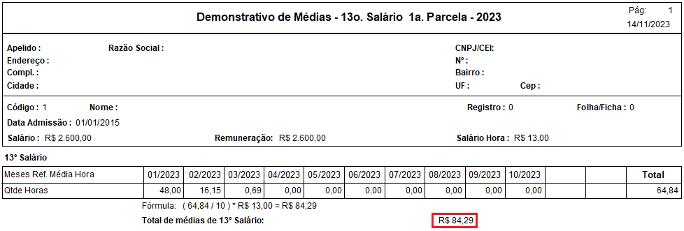 Demonstrativo de médias da 1ª parcela do 13º salário indicando o valor total de médias de R$ 84,29 na última linha da parte inferior.