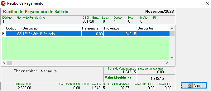 Recibo de pagamento de salário com R$ 1.342,15 de proventos referentes a 1ª parcela do 13º salário.