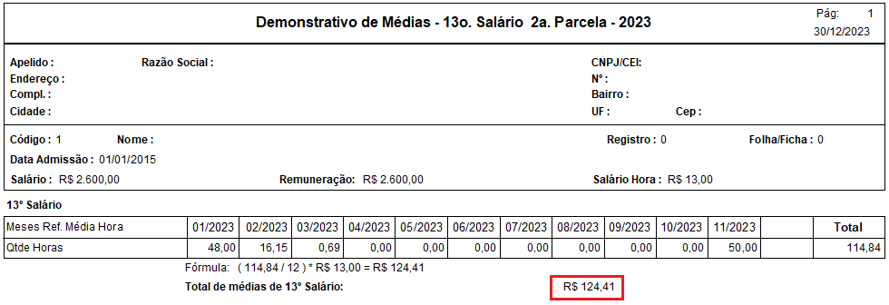 Demonstrativo de médias da 2ª parcela do 13º salário indicando o valor total de médias de R$ 124,41 na última linha da parte inferior.