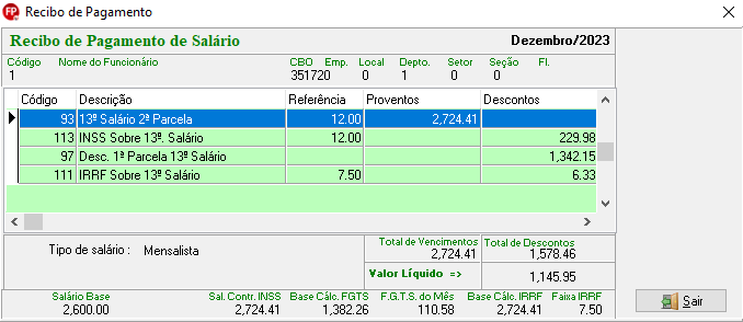 Recibo de pagamento de salário com R$ 2.724,41 de proventos referentes à 2ª parcela do 13º salário. R$ 1.578,46 de descontos referentes ao INSS e IRRF sobre 13º salário e o desconto da 1ª parcela.