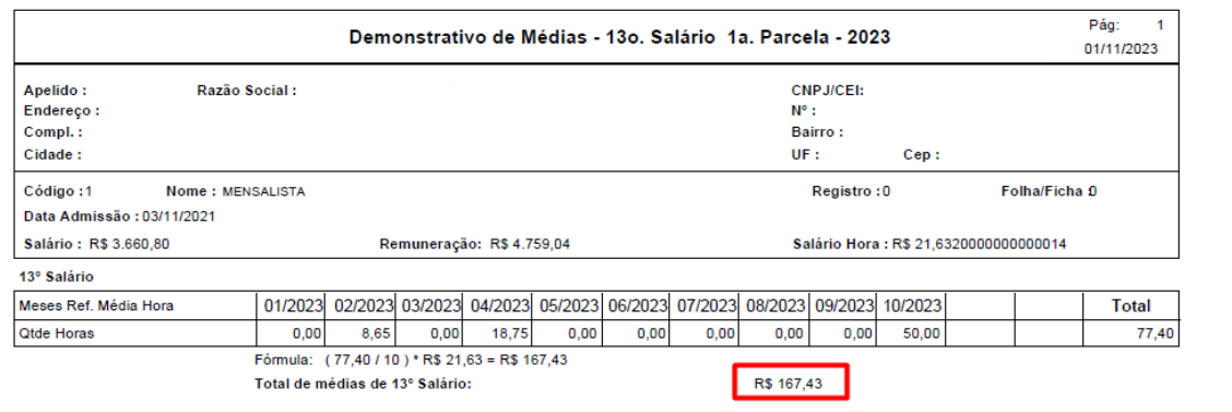 Demonstrativo de médias da 1ª parcela do 13º salário indicando o valor total de médias de R$ 167,43 na última linha da parte inferior.