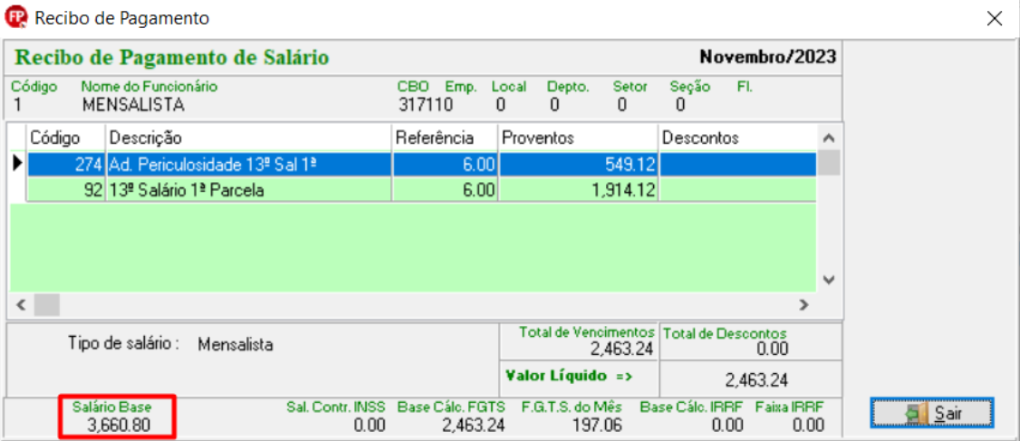 Recibo de pagamento de salário com R$ 2.463,24 de proventos referentes a 1ª parcela do 13º salário e adicional de periculosidade sobre a 1ª parcela.