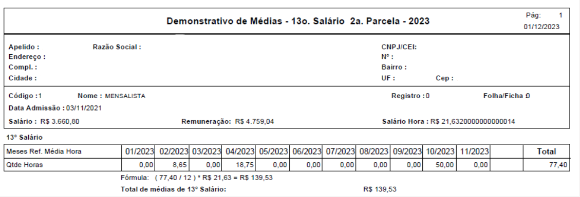 Demonstrativo de médias da 2ª parcela do 13º salário indicando o valor total de médias de R$ 139,53 na última linha da parte inferior.