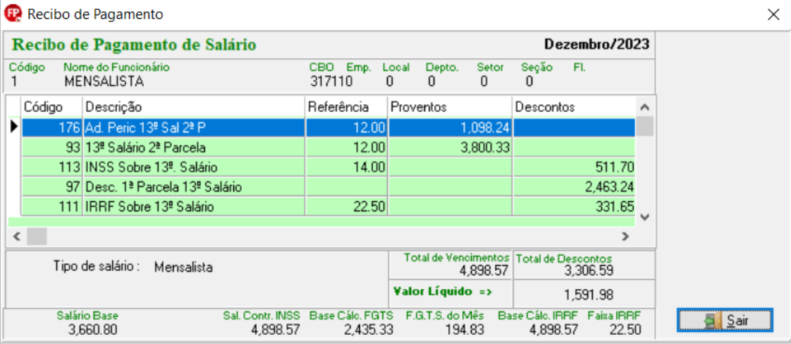 Recibo de pagamento de salário com R$ 4.898,57 de proventos referentes à 2ª parcela do 13º salário e adicional de periculosidade sobre a 2ª parcela. R$ 3.306,59 de descontos referentes ao INSS e IRRF sobre 13º salário e o desconto da 1ª parcela.