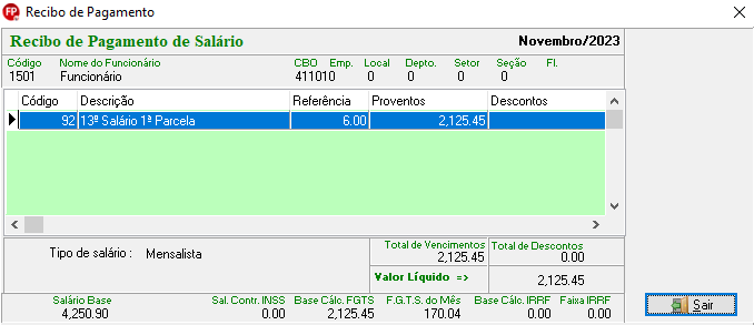 Recibo de pagamento de salário com R$ 2.125,45 de proventos referentes a 1ª parcela do 13º salário.
