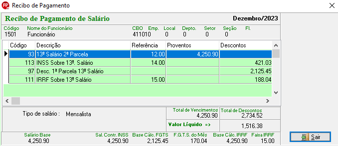 Recibo de pagamento de salário com R$ 4.250,90 de proventos referentes à 2ª parcela do 13º salário. R$ 2.734,52 de descontos referentes ao INSS e IRRF sobre 13º salário e o desconto da 1ª parcela.